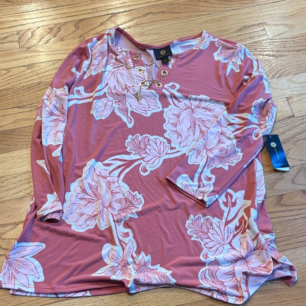 JM Collection Pink Floral Blouse with Grommet Neckline